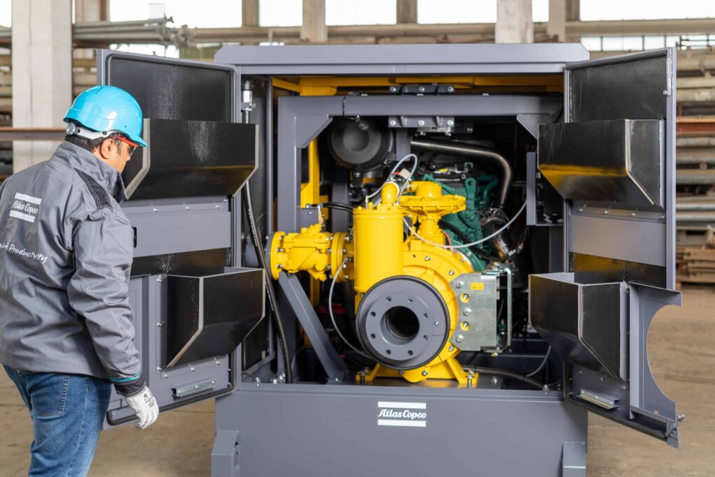 A patented hinged door on Atlas Copco’s diesel driven dewatering pump sets saves users time and trouble. 