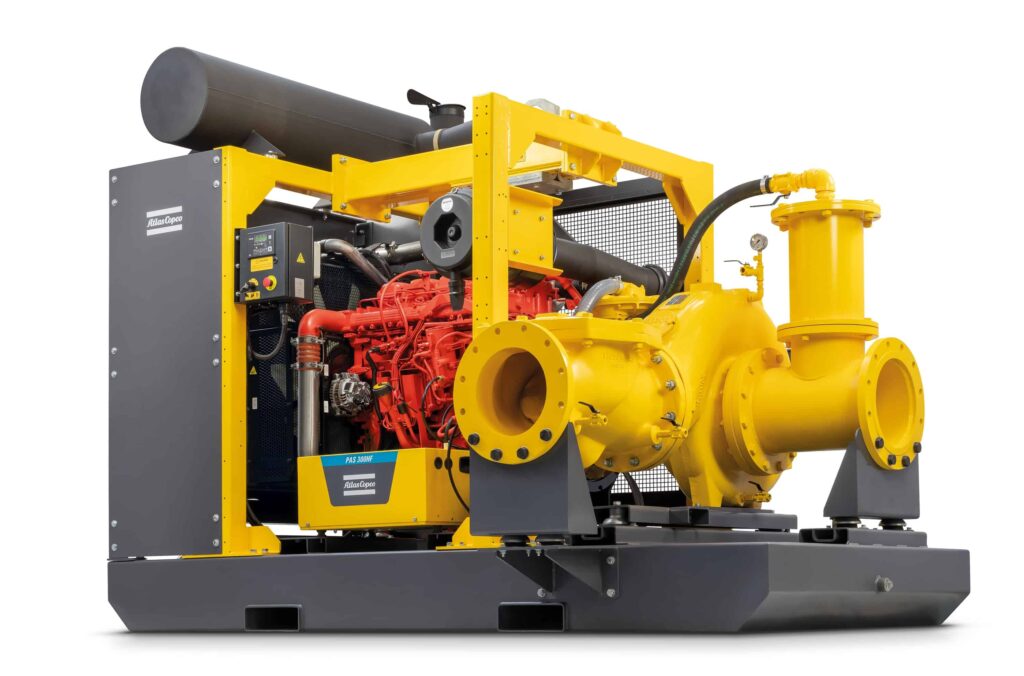 The Atlas Copco PAS 300HF 440 diesel driven skid mounted pump. 